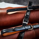 Aged leather belts with “marcapunto” pricker heavy stitching